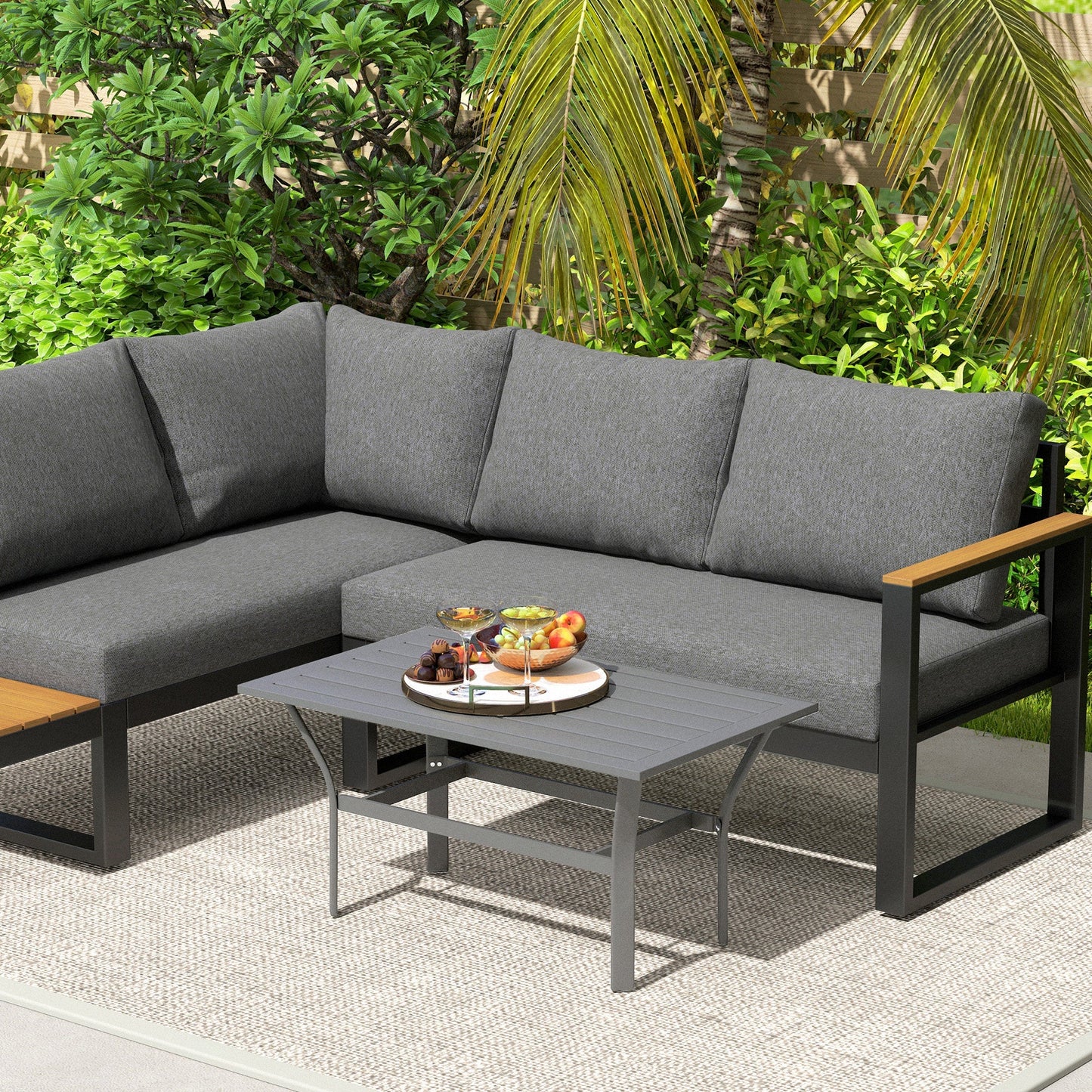 Outsunny Metal Garden Coffee Table, Rectangular Outdoor Side Table with Slatted Tabletop, Foot Pads for Outside, Garden, Balcony, Porch, 91.5 x 55 x 45cm, Dark Grey