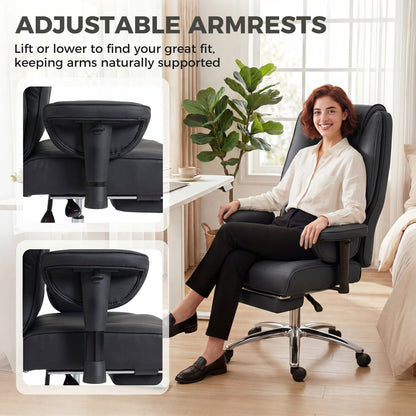 HOMCOM Executive Office Chair, Reclining Desk Chair with Footrest, Adjustable Armrests, Pet Friendly Faux Leather, Black