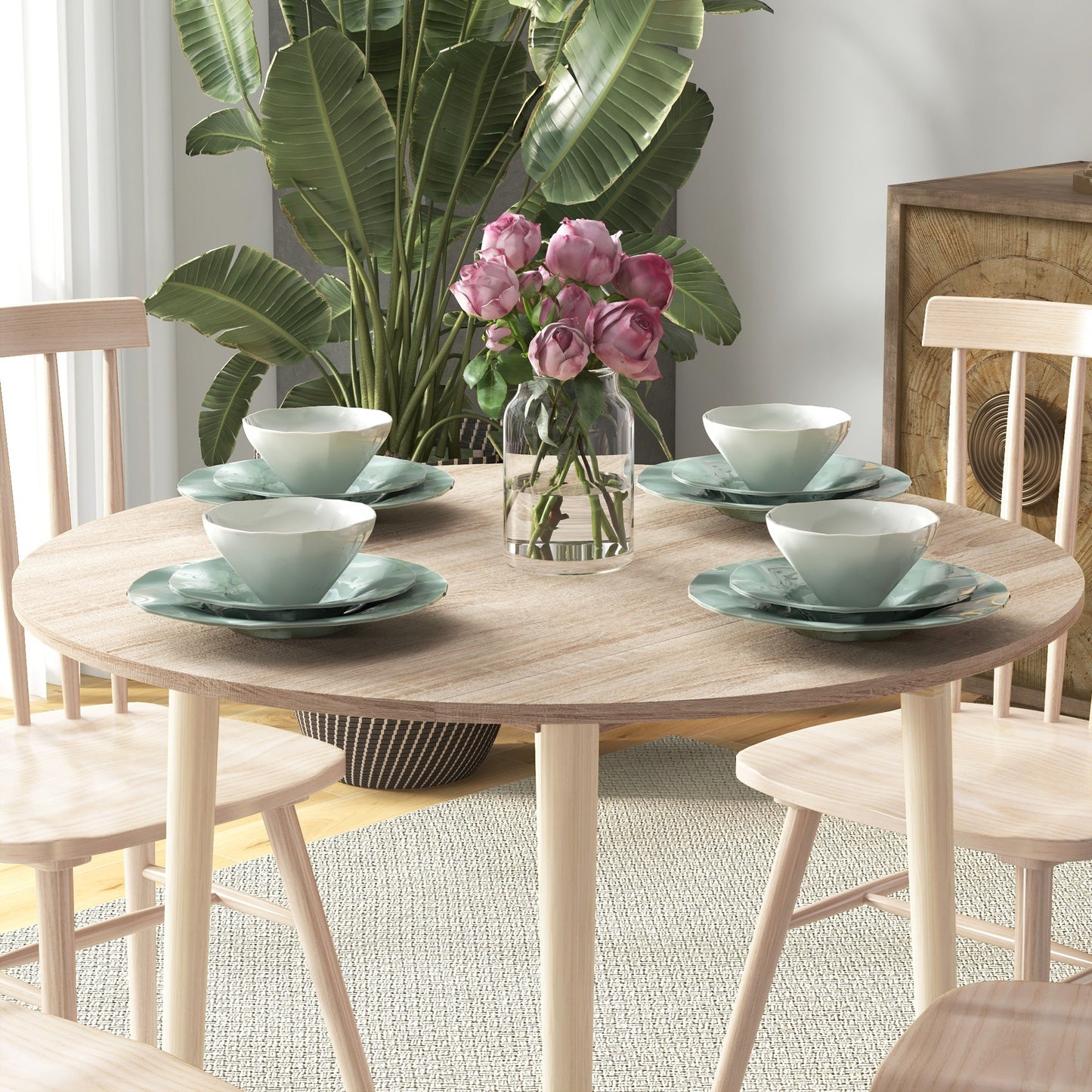 HOMCOM Folding Dining Table for 4, Round Drop Leaf Table, Modern Space Saving Small Kitchen Table with Wood Legs for Dining Room, Natural