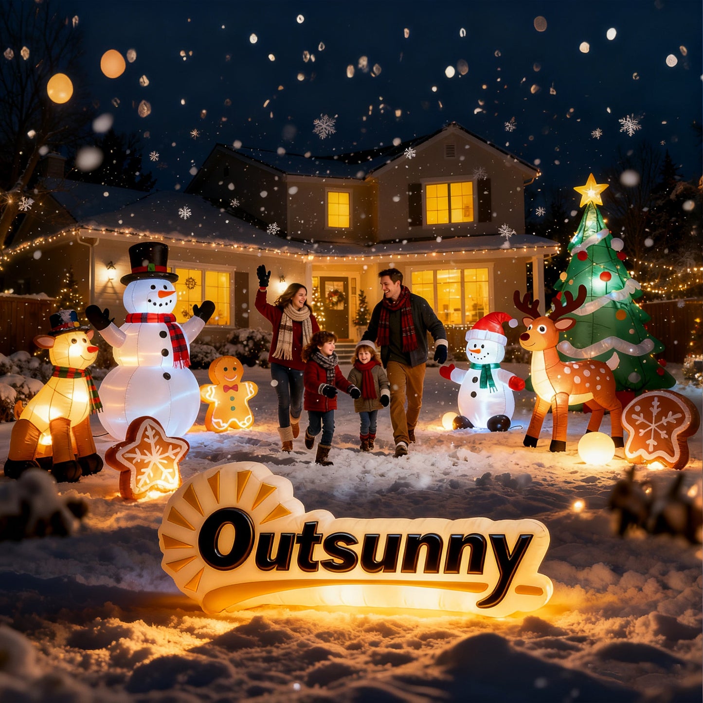 Outsunny 6FT Christmas Inflatables Snowman & Penguins with Built-in LED Lights and Flashing Projector Light, Blow Up Christmas Inflatable Decoration for Indoor Outdoor Decor, Garden