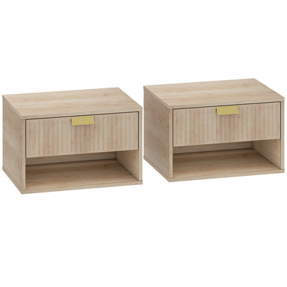 HOMCOM Set of 2 Wall Mounted Nightstands, Floating Bedside Tables with Fluted Drawer and Open Shelf for Small Bedroom, Oak