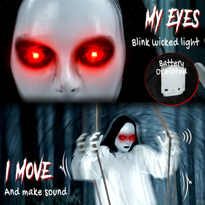 HOMCOM 170cm Animated Hanging Swing Ghost Halloween Decoration, Sound Touch Activated Ghost Halloween Animatronic