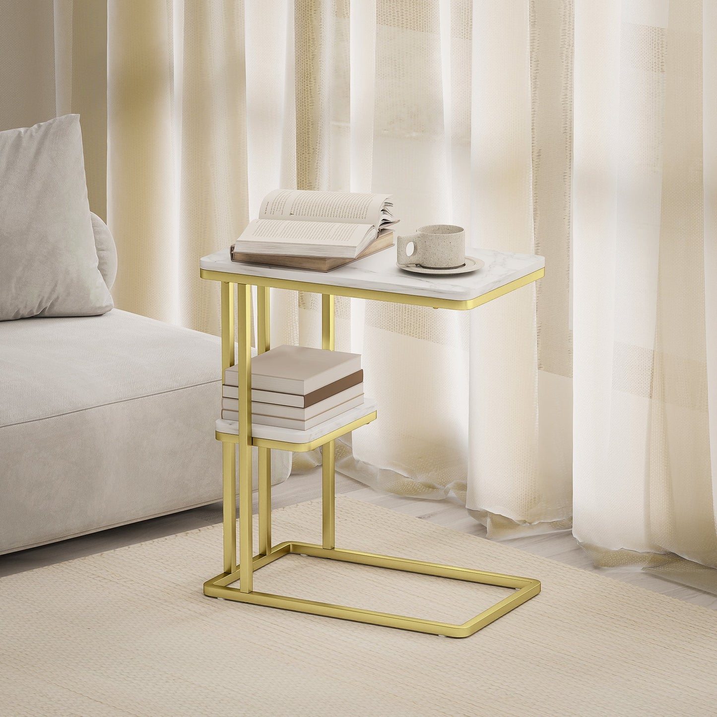 HOMCOM C-Shaped Narrow Side Table, 2-Tier Slim End Table, Nightstand for Small Spaces, Living Room, Bedroom, White Marble Grain