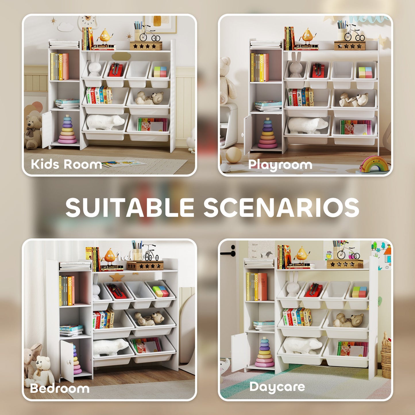 AIYAPLAY Toy Storage Unit with 8 Removable Bins, Storage Shelves, Cabinet, White