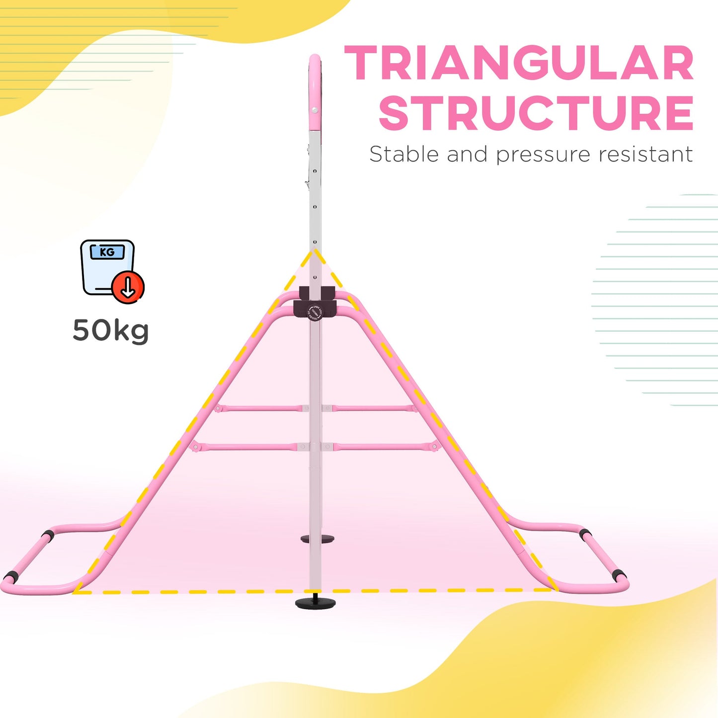 HOMCOM Adjustable Height, Foldable Kids Gymnastics Bar w/ Non-slip Rubber Floor Rings, for 3+ Years, Pink