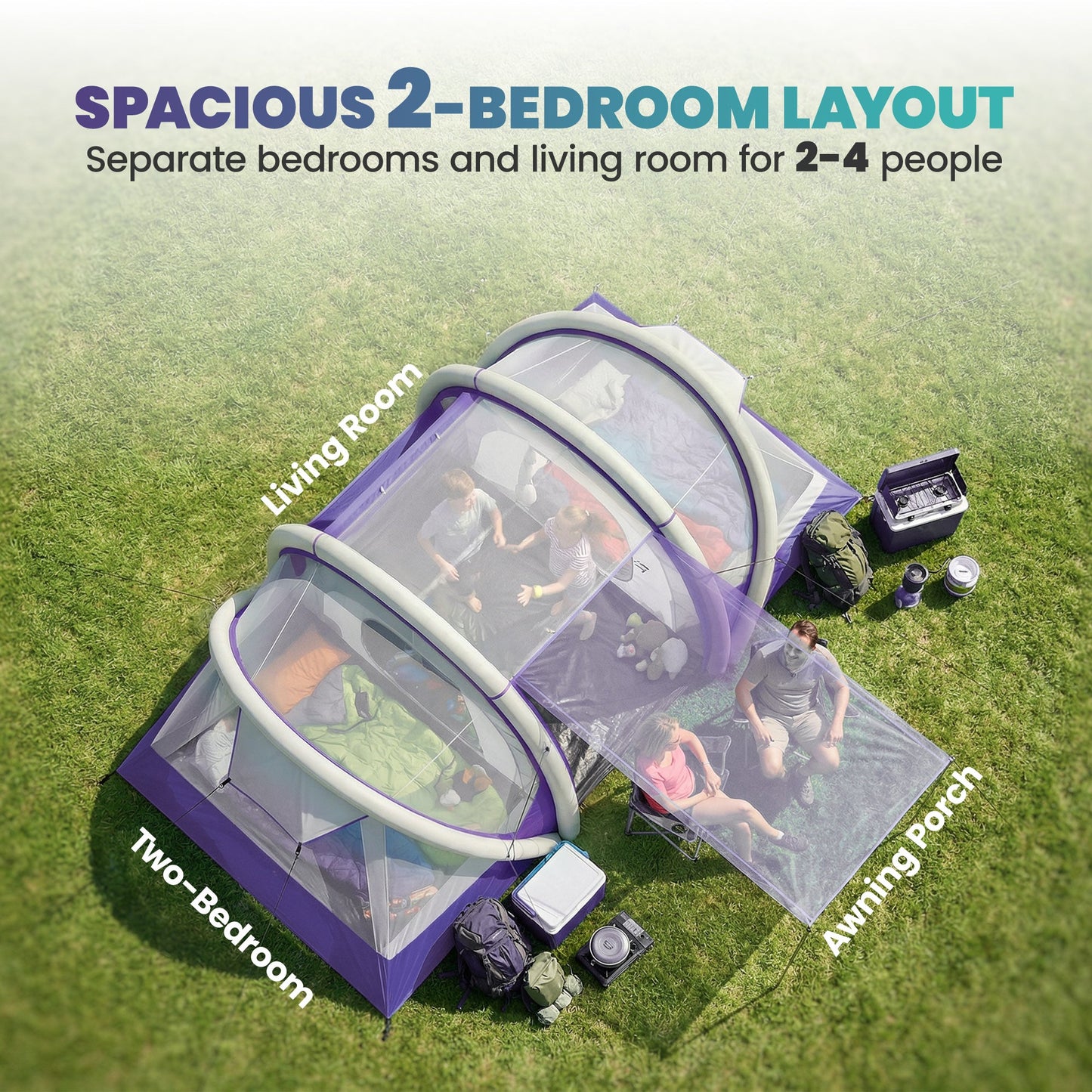 Outsunny Inflatable Tent 2 Bedroom 3000mm Waterproof Windproof Air Tent with Carry Bag for 4 Person