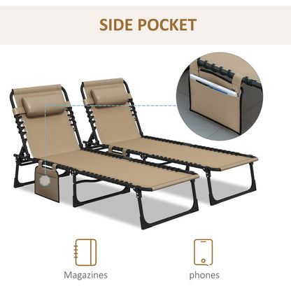 Outsunny Portable Sun Lounger Set of 2, Folding Camping Bed Cot, Reclining Lounge Chair 5-position Adjustable Backrest with Side Pocket, Pillow for Patio Garden Beach Pool, Beige