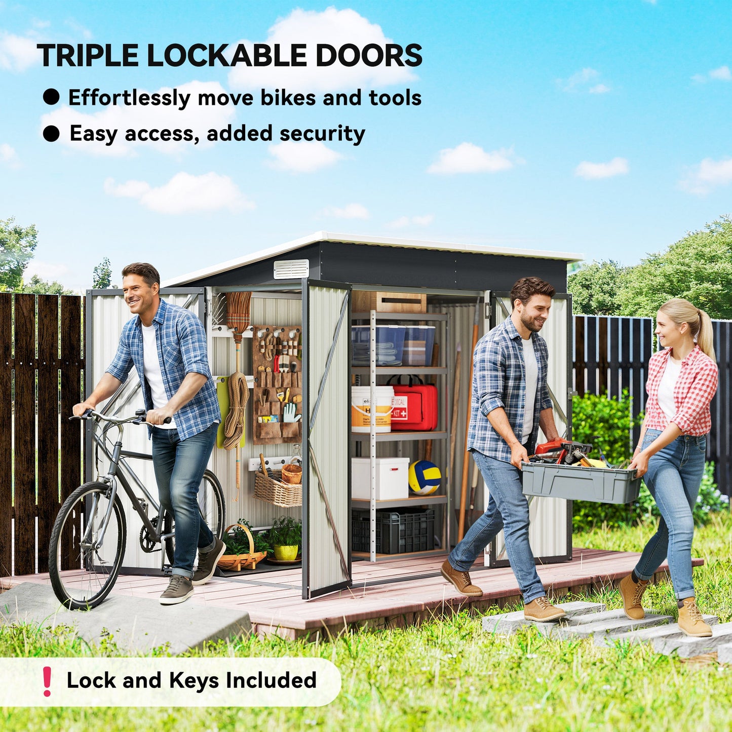 Outsunny 7.5 x 4.3ft Metal Garden Storage Shed, Waterproof Outdoor Shed with Triple Lockable Door, Gloves, Vents, Dark Grey