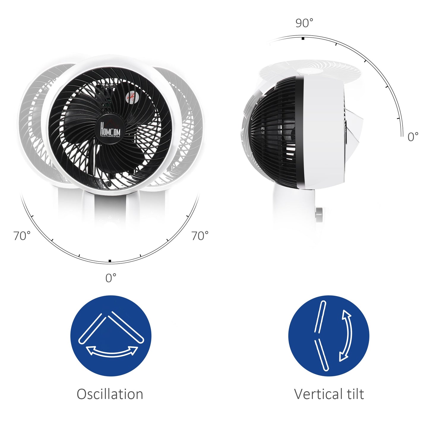 HOMCOM 9'' Air Circulator Fan 3 Speed, 70° Oscillation 90° Vertical Tilt, Carry Handle, Pedestal Fan, Pedestal Fan for Living Room, Bedroom, Office, White and Black