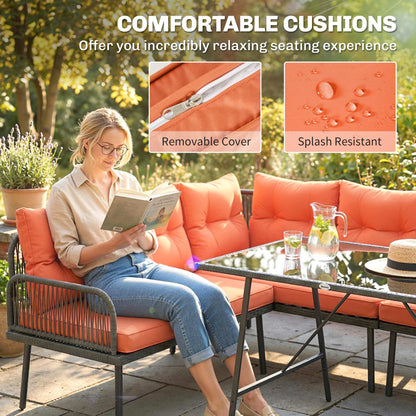 Outsunny 6 Piece Rattan Garden Furniture Set, 8 Seater Garden Corner Sofa with Cushions and Glass Top Table, Orange