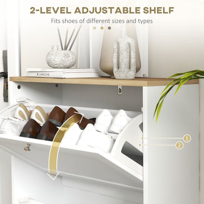 HOMCOM Narrow Shoe Cabinet with 2 Flip Drawers and Adjustable Shelves - White