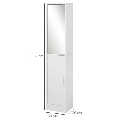 kleankin Tall Mirrored Bathroom Cabinet, Bathroom Storage Cupboard, Floor Standing Tallboy Unit with Adjustable Shelf, White