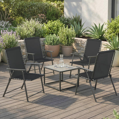 Outsunny Folding Garden Chairs Set of 4, Outdoor Dining Chairs with Wide Texteline Seat, High Back and Armrests, Black