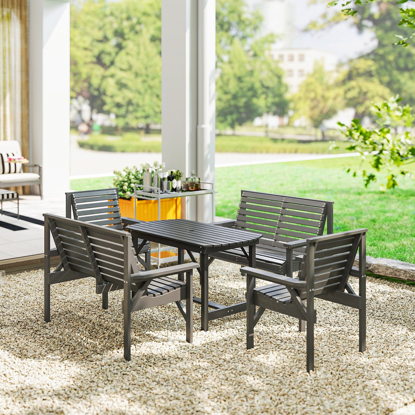 Outsunny 5 Piece Wooden Garden Dining Set for 6, Outdoor Conversation Set with 2 Armchairs, 2 Loveseats and Dining Table with Umbrella Hole for Patio, Balcony, Grey