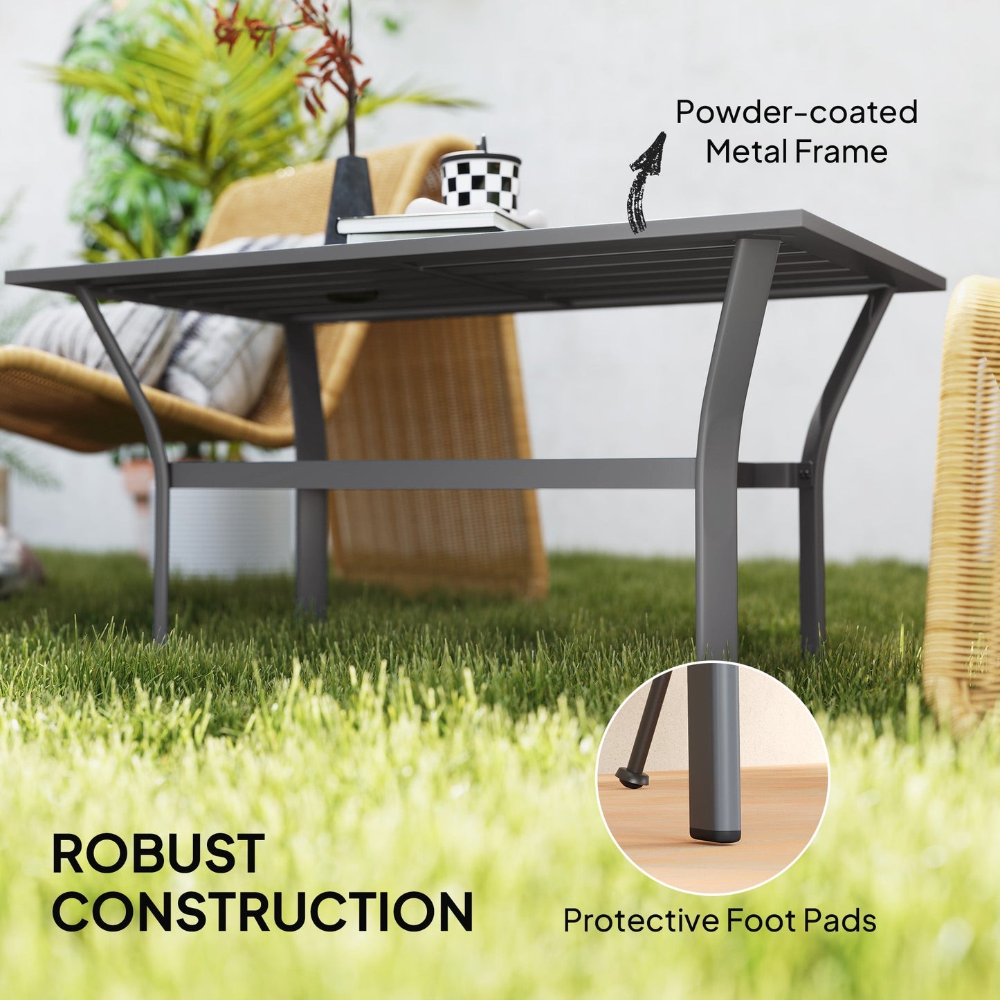 Outsunny Metal Garden Coffee Table, Rectangular Outdoor Side Table with Slatted Tabletop, Foot Pads for Outside, Garden, Balcony, Porch, 91.5 x 55 x 45cm, Dark Grey