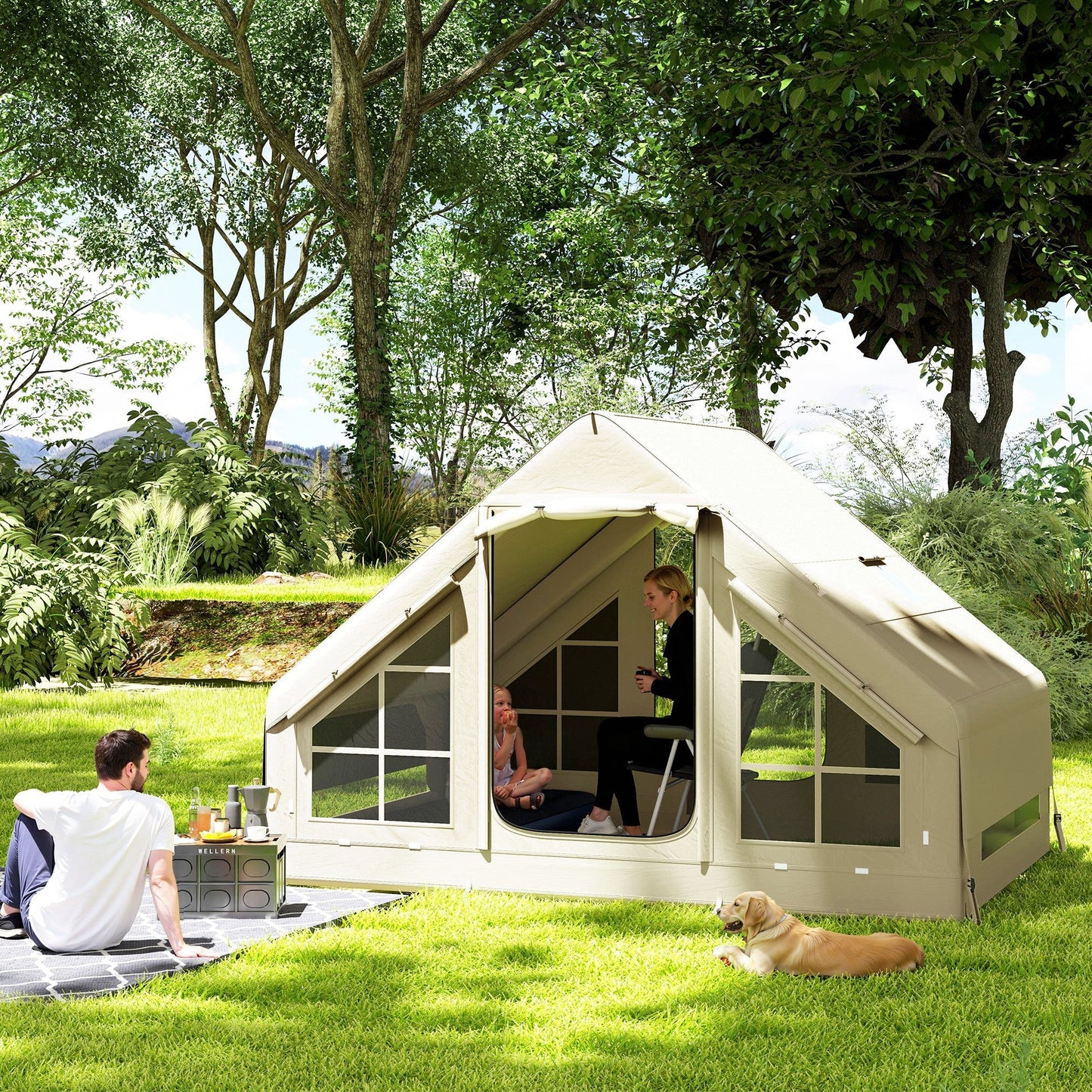 Outsunny Inflatable Camping Tent with Pump, Easy Setup 2-4 Person Blow Up Tent, Waterproof Luxury Inflatable Tent with Mesh Windows, Doors, Hook and Carry Bag, Beige