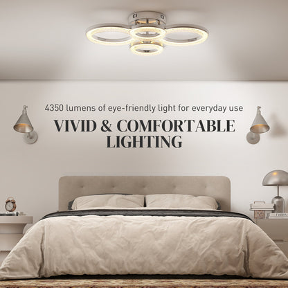 HOMCOM LED Ceiling Light, Modern Dimmable 4 Rings Ceiling Lamp with Wall Switch, 40W 4350lm Flush Mount Ceiling Light with 3500K/4500K/6000K Colour Temperatures for Living Room, Bedroom, Silver Tone