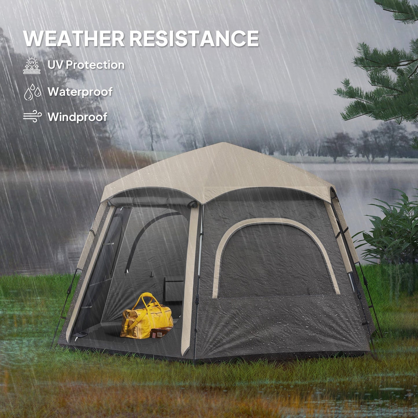 Outsunny Instant Camping Tent, 2/3/4 Person Easy Setup Family Tent with Vestibule, Rainfly, 4 Mesh Windows & 2 Doors, Hexagonal Design, Waterproof UV Protected Dome Tent, Dark Grey