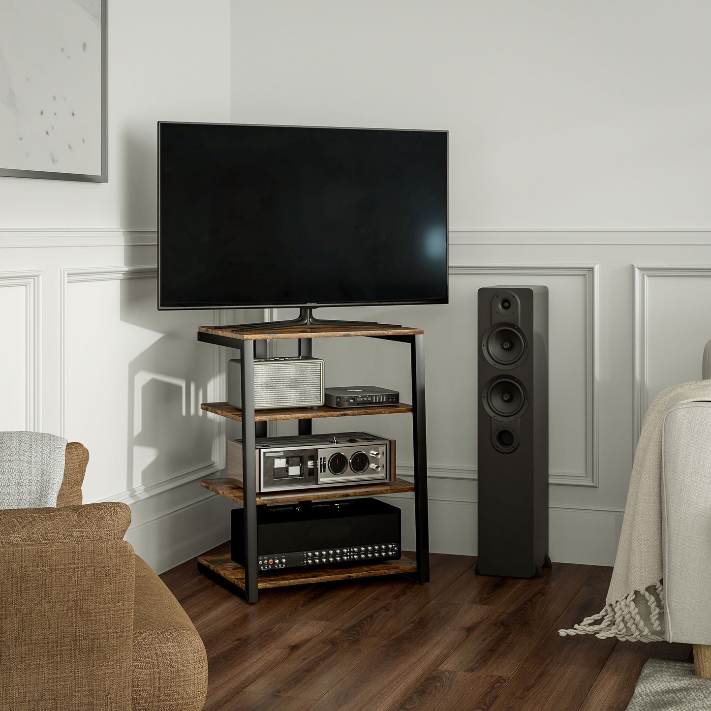 HOMCOM HiFi Stand, with Four Storage Shelves - Rustic Brown