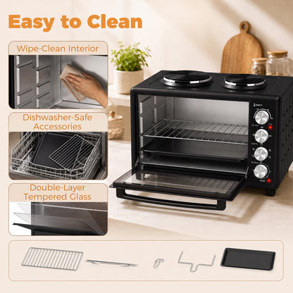 HOMCOM 46L Mini Oven with Dual Hot Plates, Electric Countertop Cooker with Convection, 90–230°C Adjustable Temperature