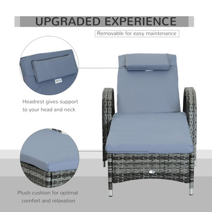 Outsunny 2PC Rattan Sun Lounger Recliner Bed Reclining Chair Patio Garden Outdoor Wicker Weave Adjustable Headrest with Fire Retardant Cushion \'e2\'80\'93 Grey