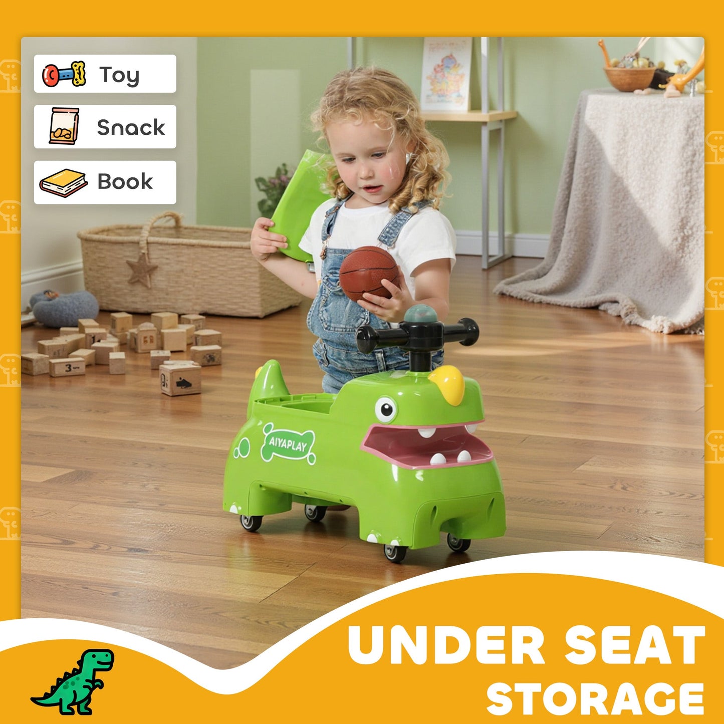 AIYAPLAY Kids Ride On Car, Dinosaur Foot to Floor Slider with Storage, Toddler Walker with Light, Sounds, Green