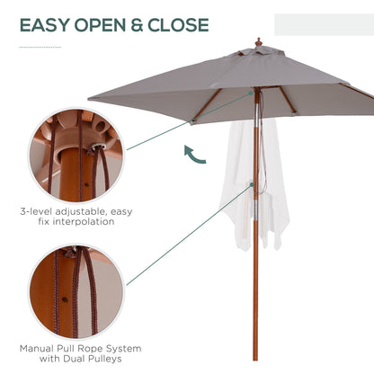 Outsunny 2m x 1.5m Garden Parasol Umbrella with Tilting Sunshade Canopy, Outdoor Market Table Umbrella with Wood and Bamboo Frame, Grey