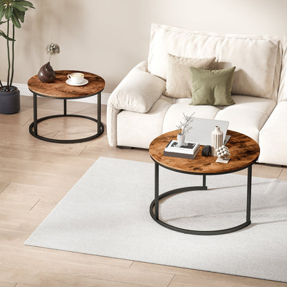 HOMCOM Coffee Table Set of 2, Round Nest of Tables with Metal Frame, Modern Side Tables for Living Room, Rustic Brown