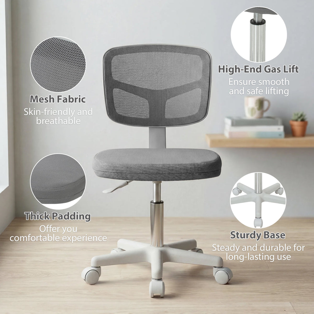 Vinsetto Small Office Chair without Arms, Ergonomic Swivel Mesh Desk Chair with Curved Back, Dark Grey