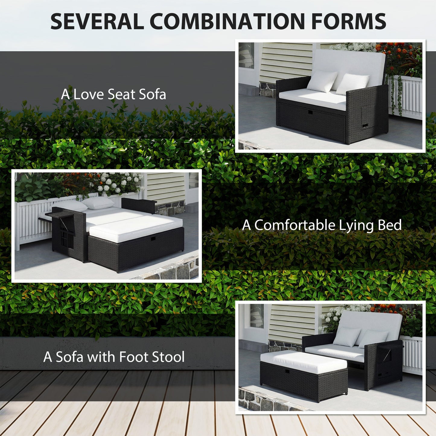 Outsunny Rattan Garden Daybed, Double Sun Lounger with 5-Level Adjustable Back, Storage Ottoman, Cream White