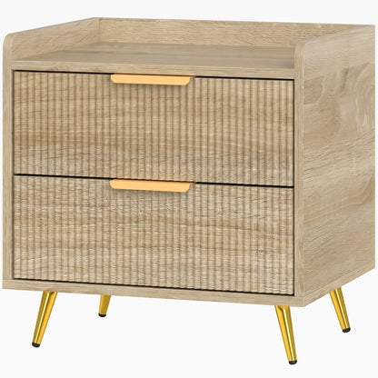 HOMCOM Bedside Table with 2 Drawers, Side End Table with Metal Legs for Bedroom, Living Room, Natural Wood Finish