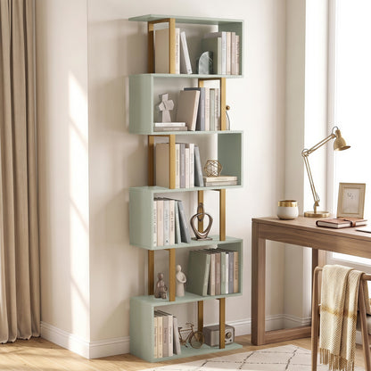 HOMCOM S-Shaped Bookshelf, 6-Tier Bookcase, Freestanding Storage Shelves with Anti-Tip Strap for Living Room, Light Green