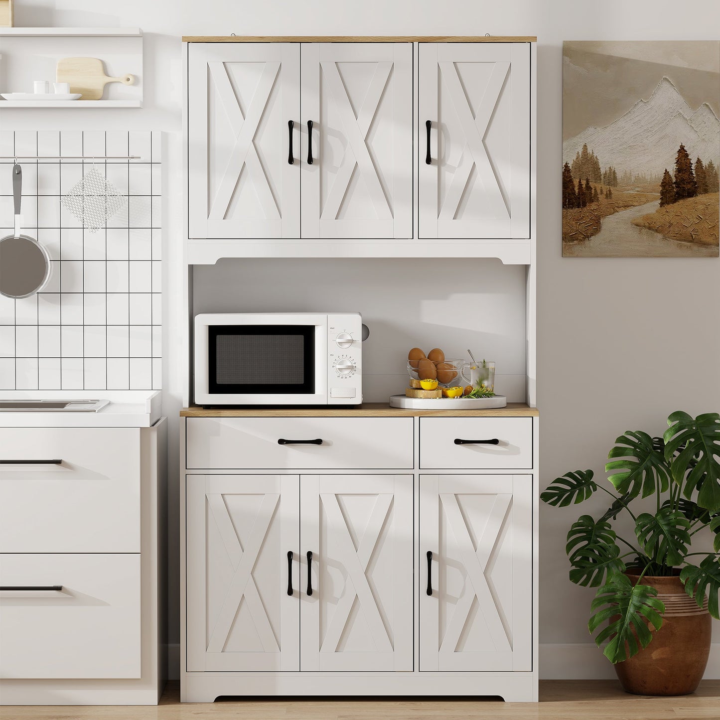 HOMCOM 175 cm Tall Kitchen Pantry Cabinet with Microwave Stand, Freestanding Pantry Cupboard, White