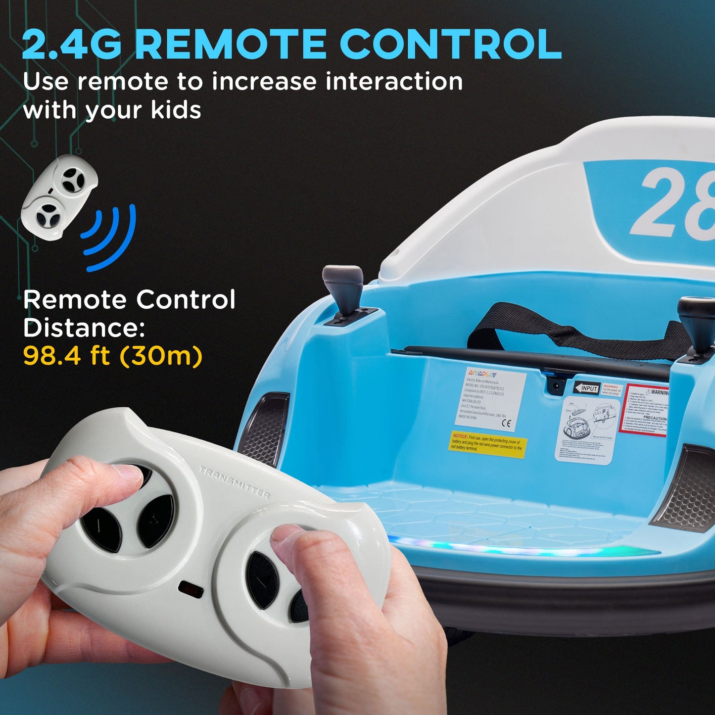 AIYAPLAY 360\'c2\'b0 Rotation Kids Bumper Car, 12V Waltz Car with Remote Control, Dual Joystick, Music, Lights, Light Blue