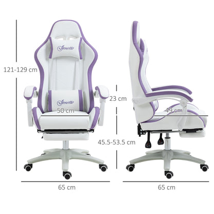 Vinsetto Computer Gaming Chair, PU Leather Desk Chair with Footrest, Swivel Task Chair with 135\'c2\'b0 Reclining Back and Lumbar Support, PC Chair for Adults, White and Purple