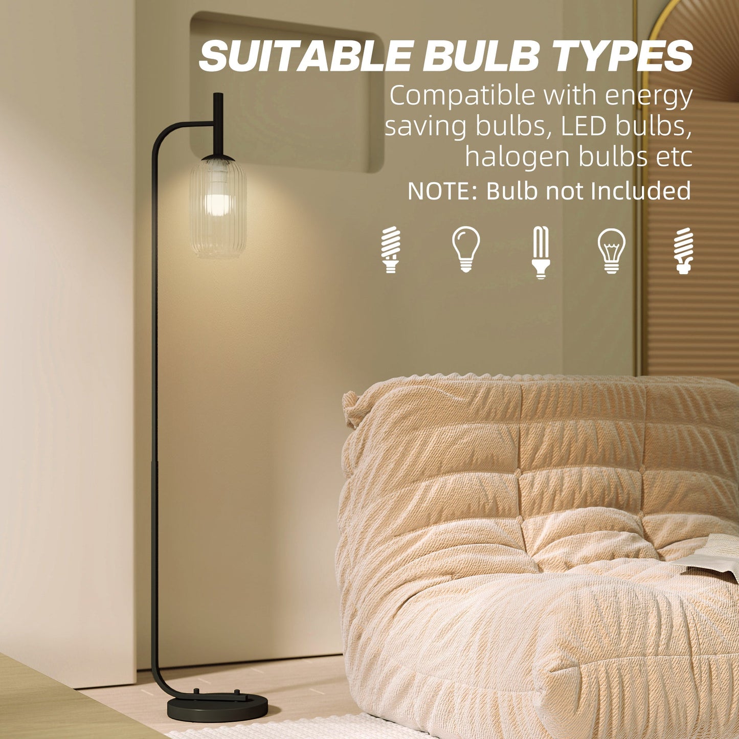 HOMCOM Floor Lamp for Living Room with Glass Lampshade, Modern Standing Lamp with Foot Switch for Bedroom, Bulb not Included, Black