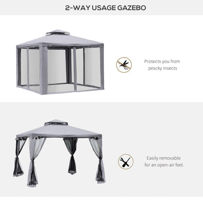 Outsunny 3 x 3 m Metal Gazebo, Garden Pavillion, Double Roof Outdoor Canopy Shelter with Mesh Sidewalls, Grey