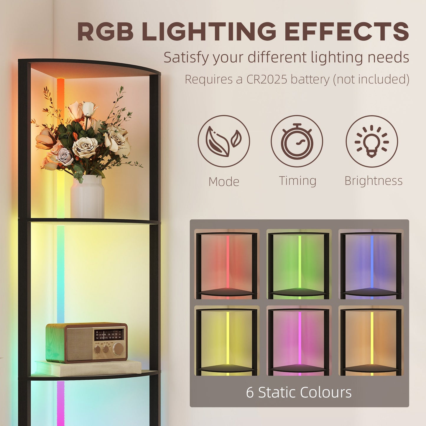 HOMCOM RGB LED Floor Lamp with Shelves, 5-Tier Dimmable Standing Lamp with Adjustable Brightness and Remote Control, Modern Corner Display Shelf Unit for Living Room Bedroom Office, Black
