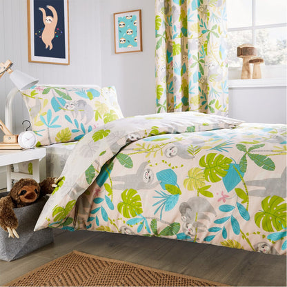 Lazy Sloth Kids Duvet Set Soft Cotton Blend Bedding with Pillowcase and Matching Curtains OEKO-TEX Certified Available in Single and Double Sizes by OLIVIA ROCCO