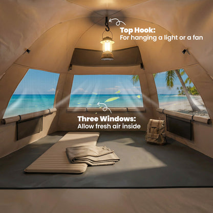 Outsunny 2-3 Person Pop Up Beach Tent, UPF15+ Sun Shelter with Extended Floor, Sandbags, Mesh Windows and Carry Bag, Brown