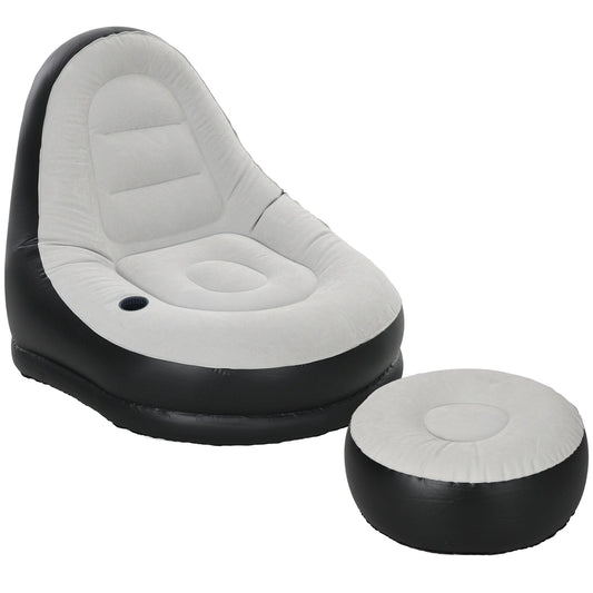 Outsunny Inflatable Sofa Chair and Foot Stool Set with Cup Holder, for Gaming, Reading and Movie Watching, Grey