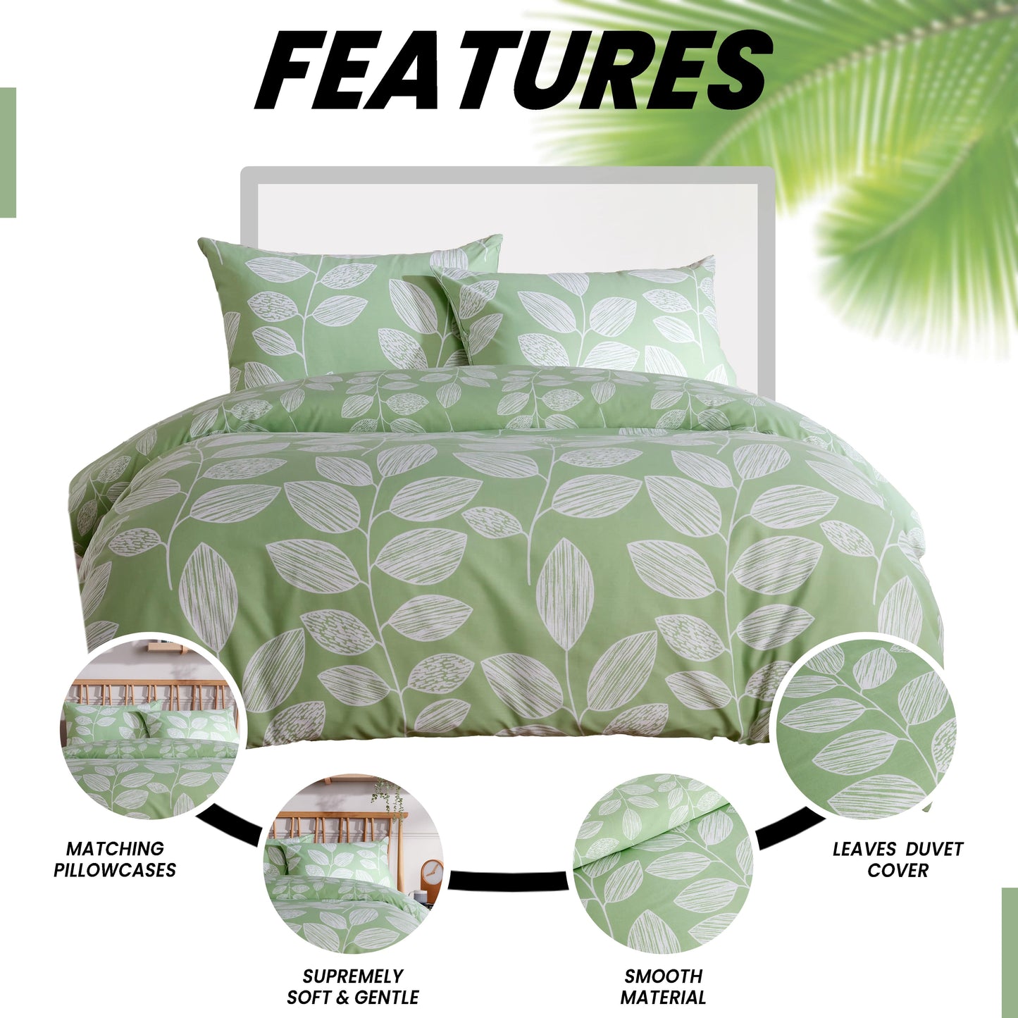 Leaf Print Reversible Cotton Rich Duvet Cover Set with Pillowcases Nature Inspired Bedding in Black and Gray All Sizes OEKO-TEX Certified by OLIVIA ROCCO