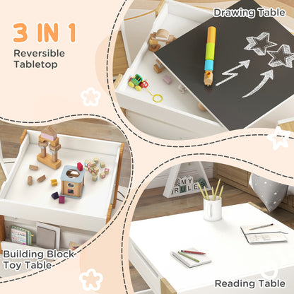 HOMCOM Three-Piece Kids Table and Chair Set with Blackboard, Storage, Bookshelves - Natural Wood
