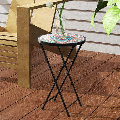 Outsunny Mosaic Outdoor Garden Table, 35.5cm Round Folding Coffee Table with Metal Frame for Balcony Terrace, Multicolour