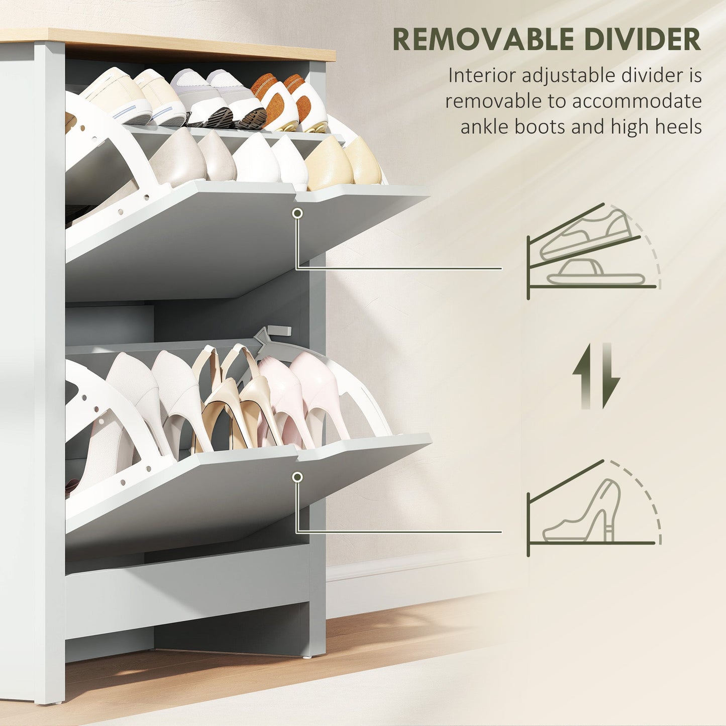HOMCOM Slim Shoe Cabinet, Narrow Shoe Cupboard with 2 Flip Drawers, Adjustable Shelves for 12 Pairs of Shoes, Light Grey