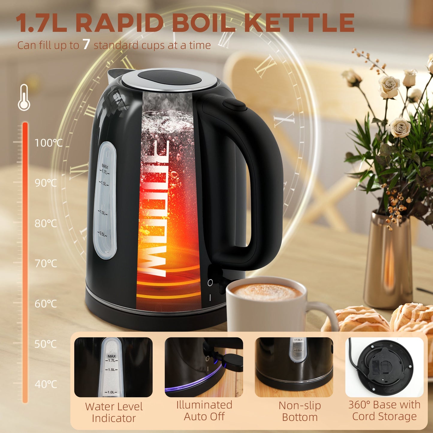 HOMCOM Simple Polished Toaster and Kettle Set - Black