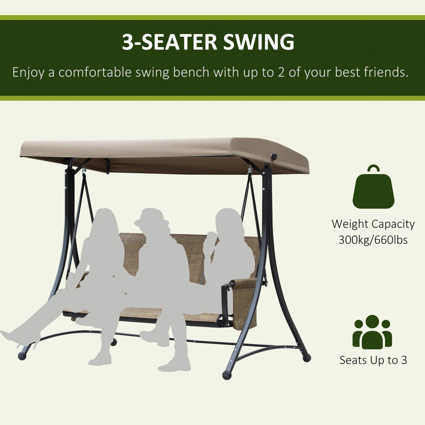 Outsunny 3 Seater Garden Swing Seat Outdoor Swing Chair with High Back Design, Steel Frame, Side Pouches, Adjustable Canopy