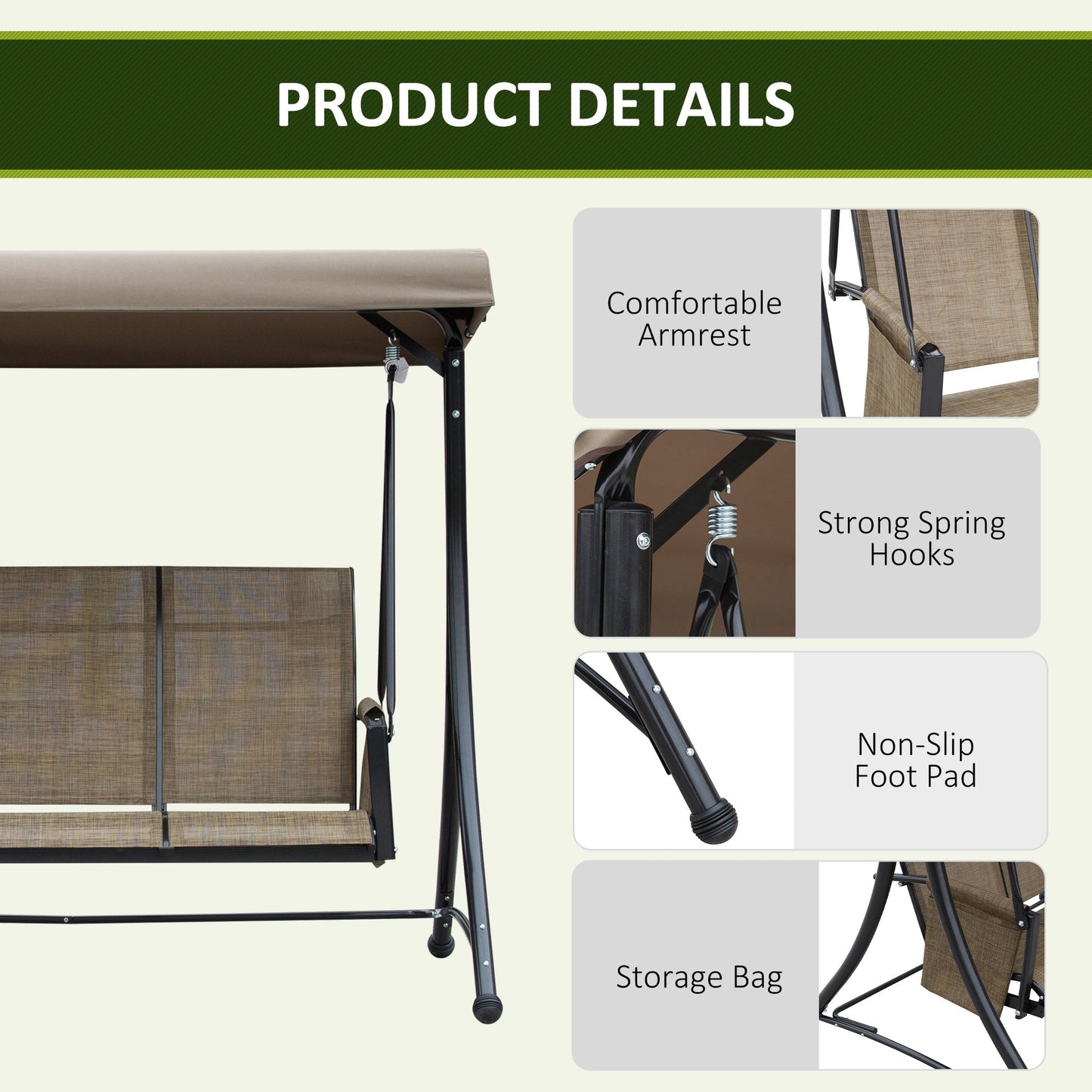 Outsunny 3 Seater Garden Swing Seat Outdoor Swing Chair with High Back Design, Steel Frame, Side Pouches, Adjustable Canopy