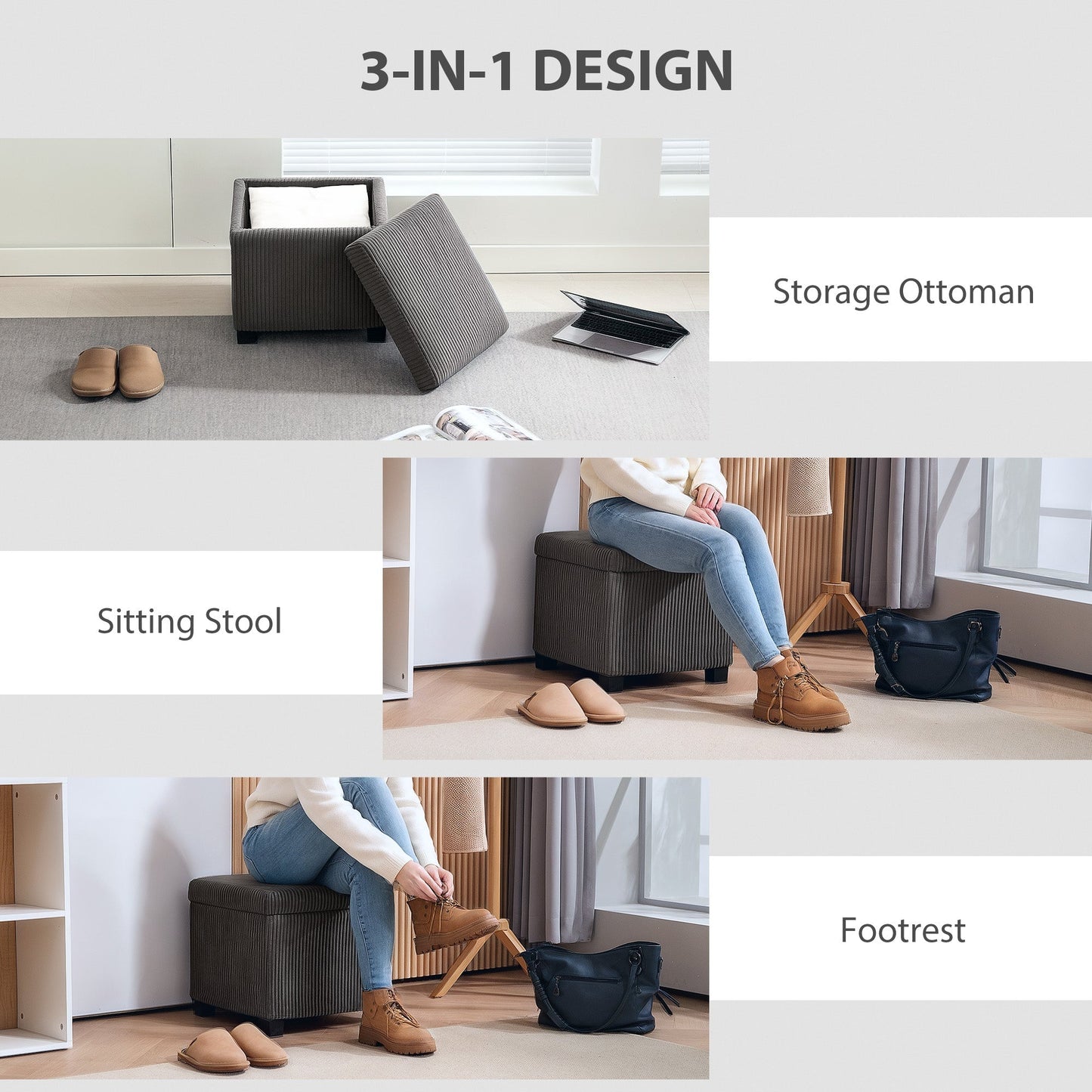 HOMCOM Storage Ottoman Bench, Corduroy Footstool with Removable Lid and Legs, 40cm Storage Chest Box for Living Room, Bedroom, Hallway, Grey