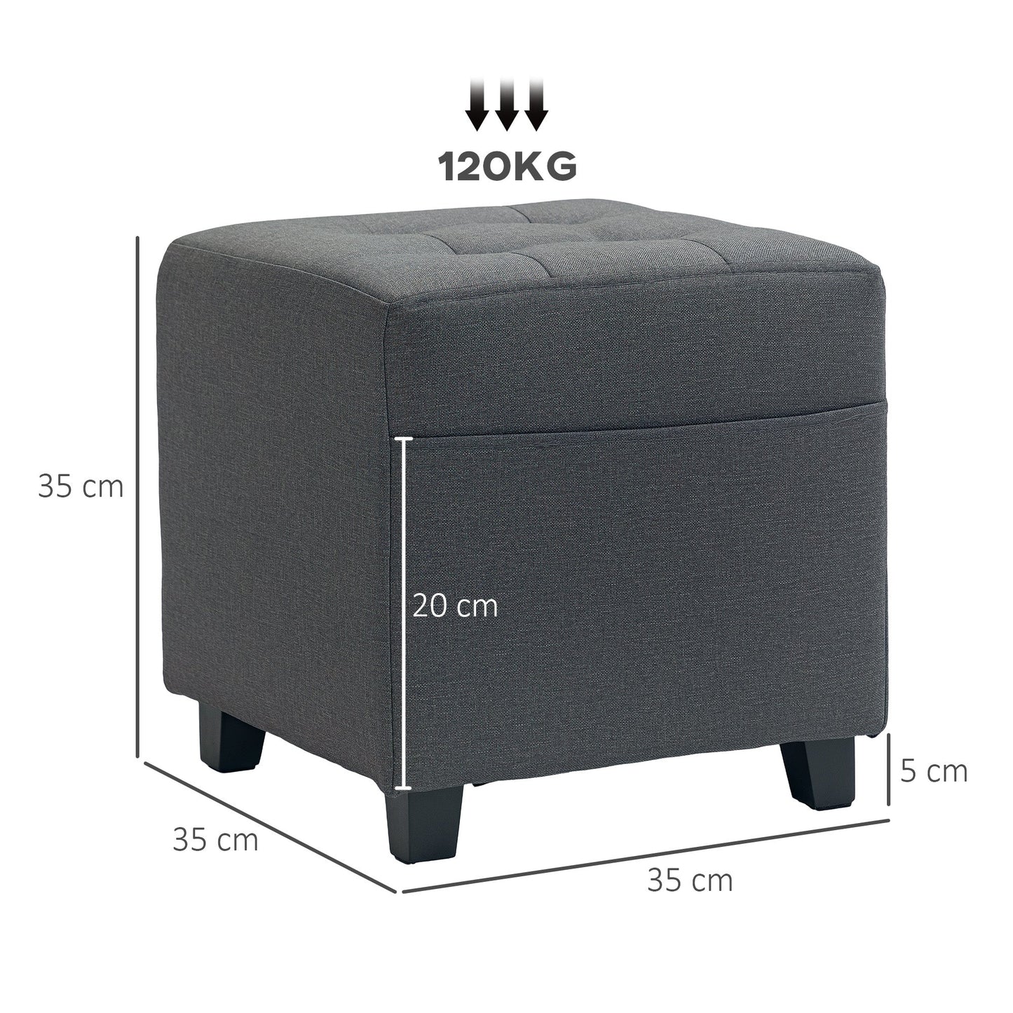 HOMCOM Square Footstool, Small Ottoman with Side Pocket, Linen Fabric Footrest Foot Stool with Rubber Wood Legs and Padded Seat for Living Room, Bedroom, Entryway, 35 x 35 x 35cm, Grey